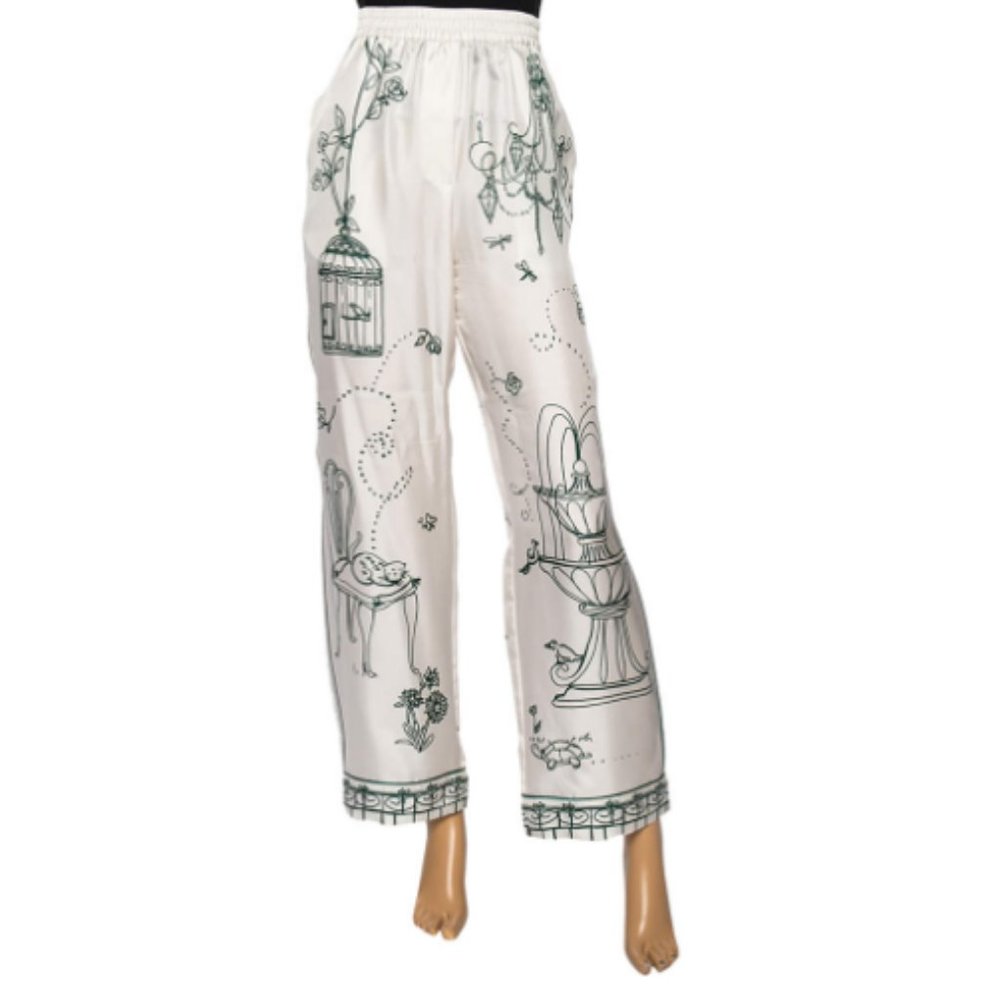 Dolce & Gabbana White Victorian Garden Printed Silk Twill Pants